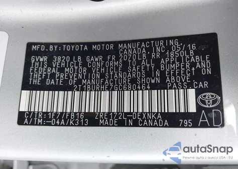 2016 Toyota Corolla Le z USA, uszkodzony, nr VIN 2T1BURHE7GC680464